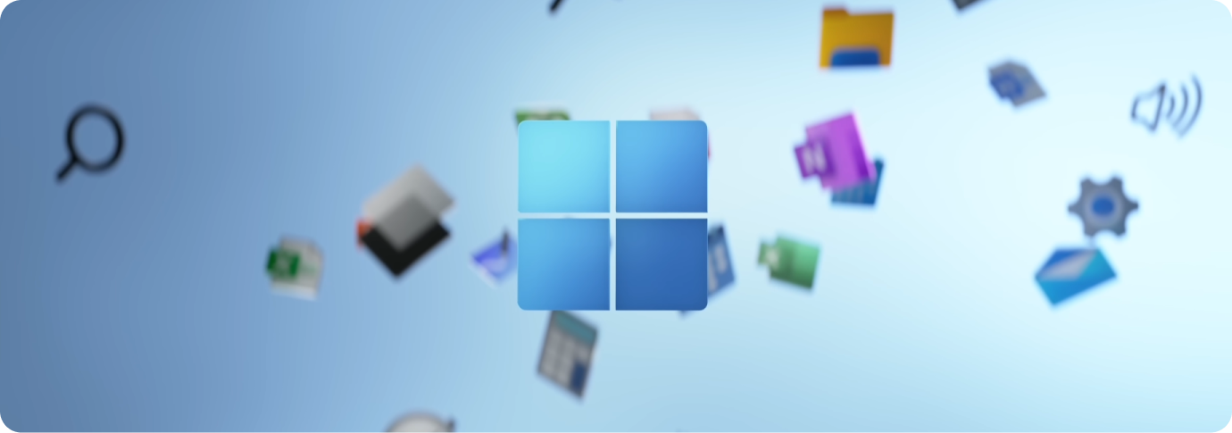 Logotipo de Windows con iconos de aplicaciones que flotan en el fondo