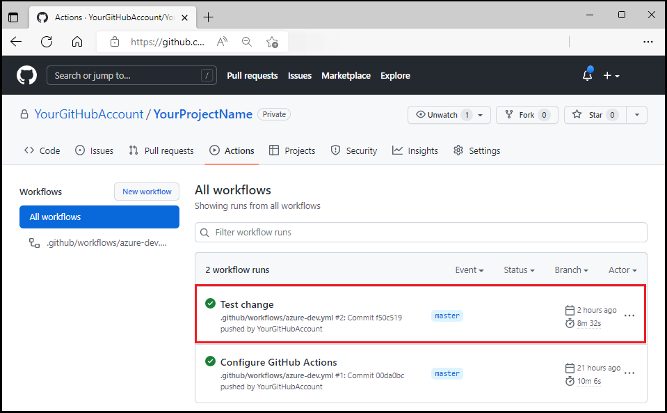 Captura de pantalla del flujo de trabajo de GitHub que se ejecuta después de la actualización de prueba.
