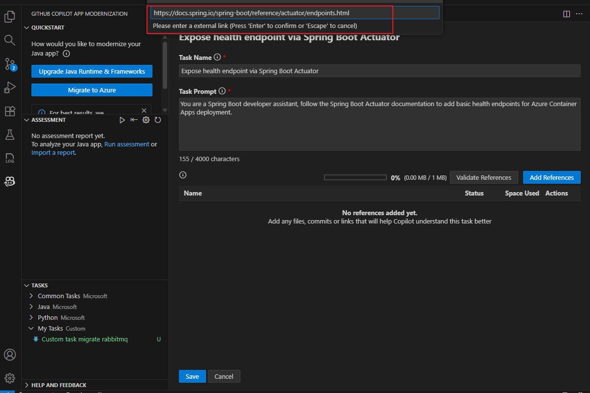 Captura de pantalla de Visual Studio Code que muestra el archivo task.md con el campo de vínculo externo resaltado.