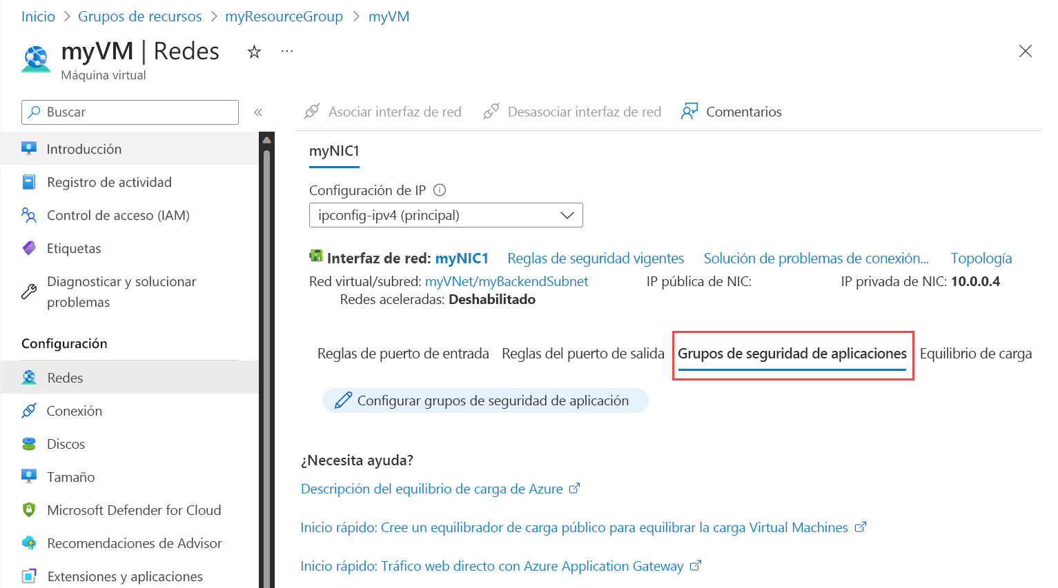 Recorte de pantalla de la configuración del grupo de seguridad de aplicaciones.