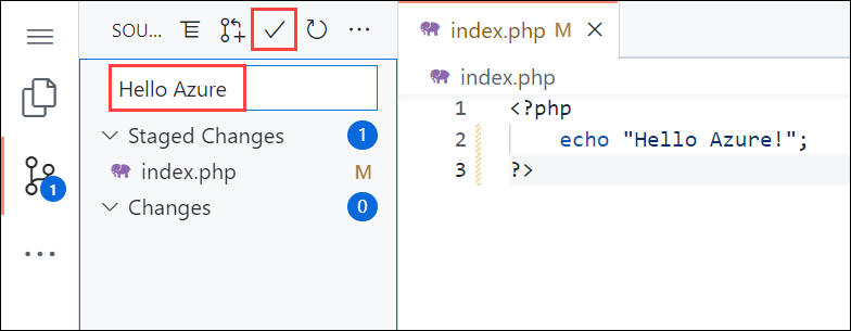 Capture d’écran de Visual Studio Code dans le navigateur, panneau de contrôle de code source avec un message de commit de Hello Azure.
