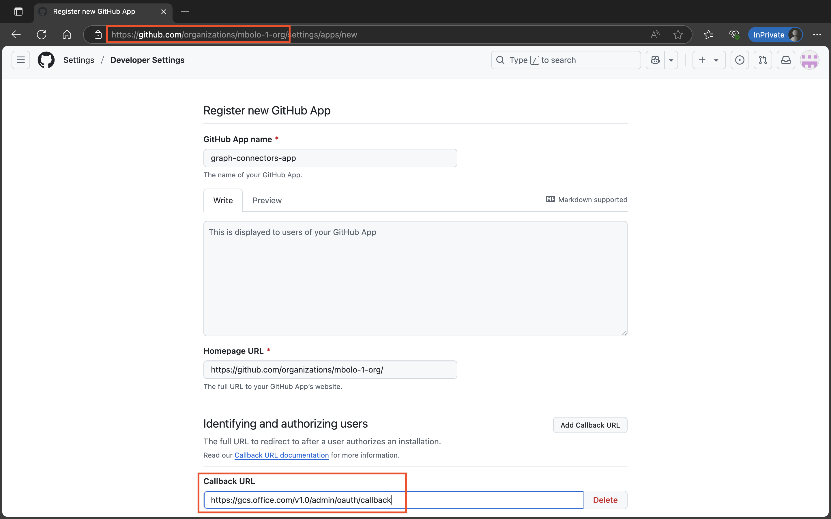 Capture d’écran du formulaire de configuration application GitHub montrant le nom de l’application, l’URL de la page d’accueil et les champs URL de rappel.