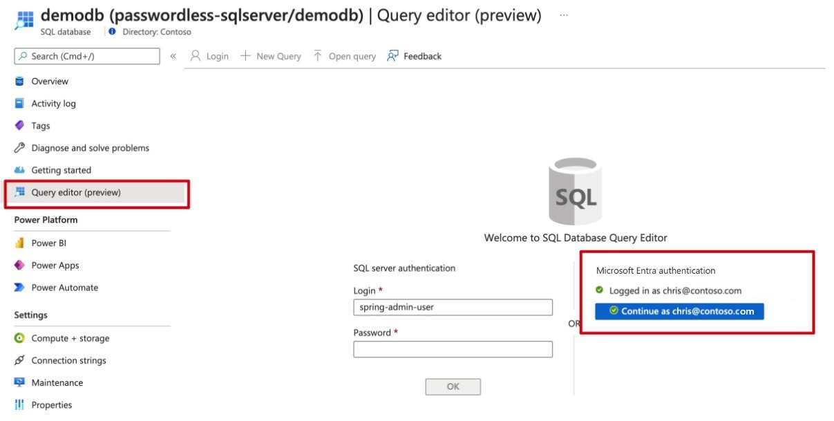 capture d’écran du portail Azure montrant l’éditeur de requête SQL Database.