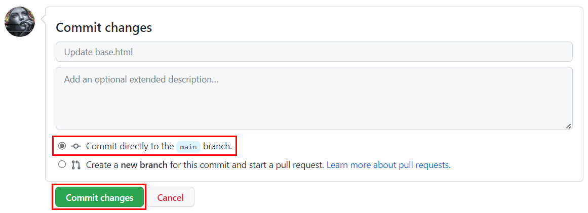 Capture d’écran montrant les sélections pour valider une modification dans un fichier de template dans le fork du référentiel d’exemple.