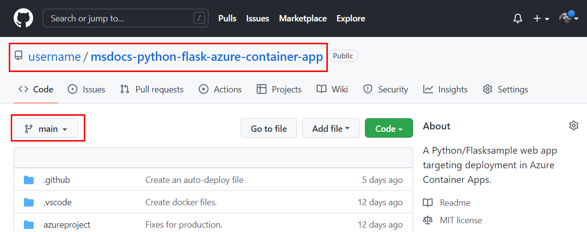 Capture d’écran montrant la branche principale dans un fork du référentiel d’exemple.