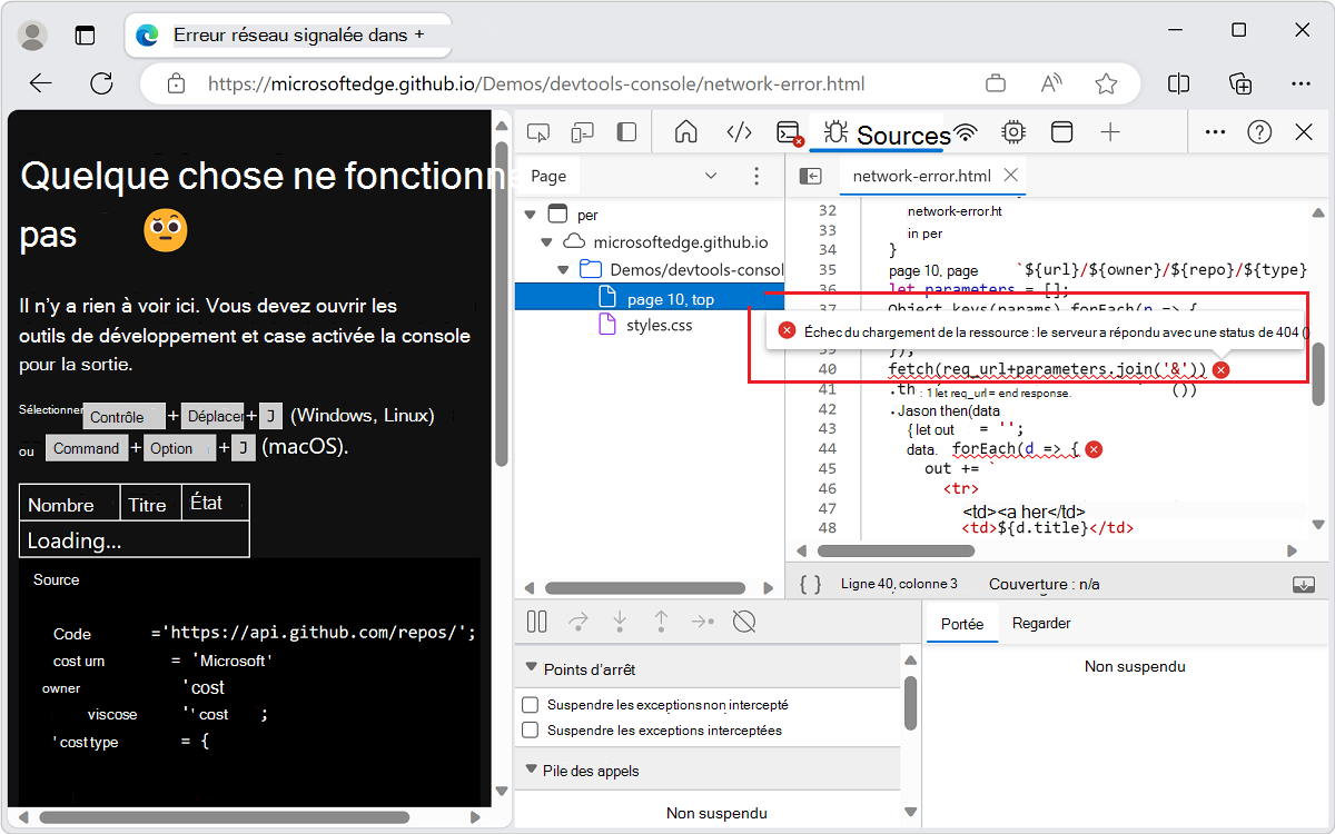 Pour rechercher l’erreur dans JavaScript, utilisez l’outil Sources