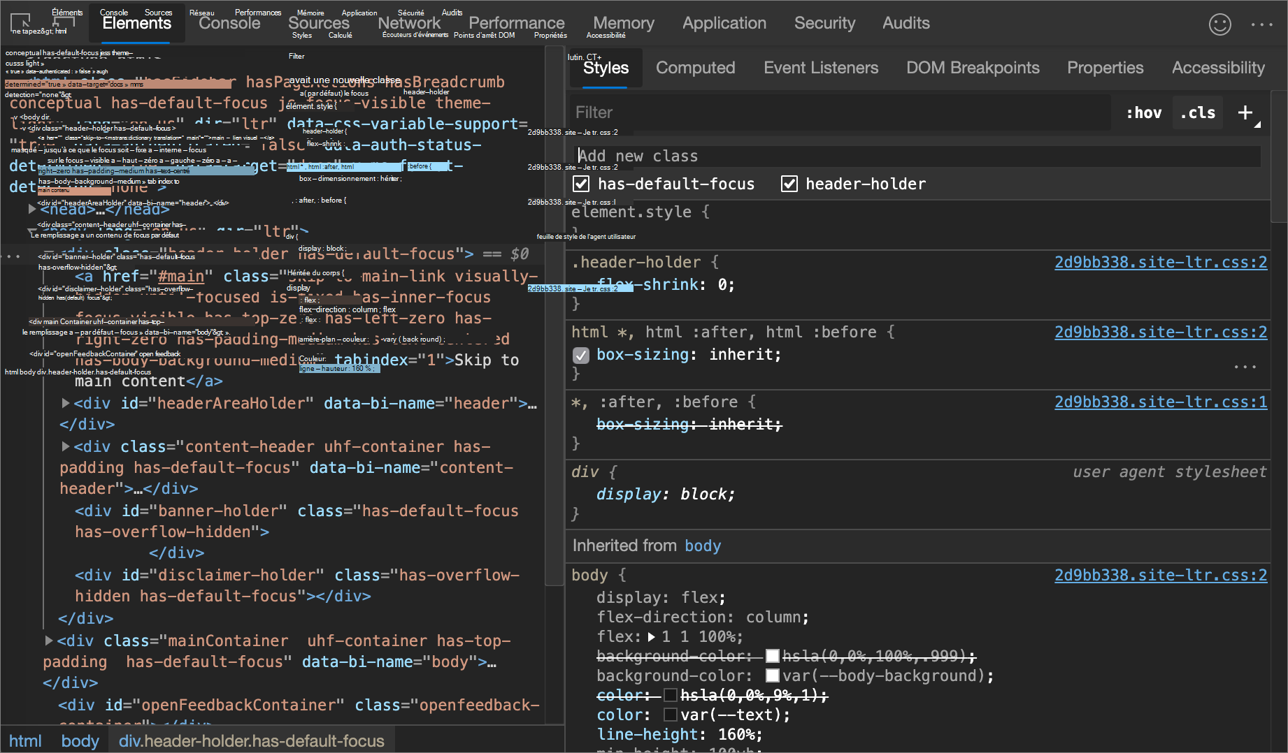 Volet Classes d’éléments