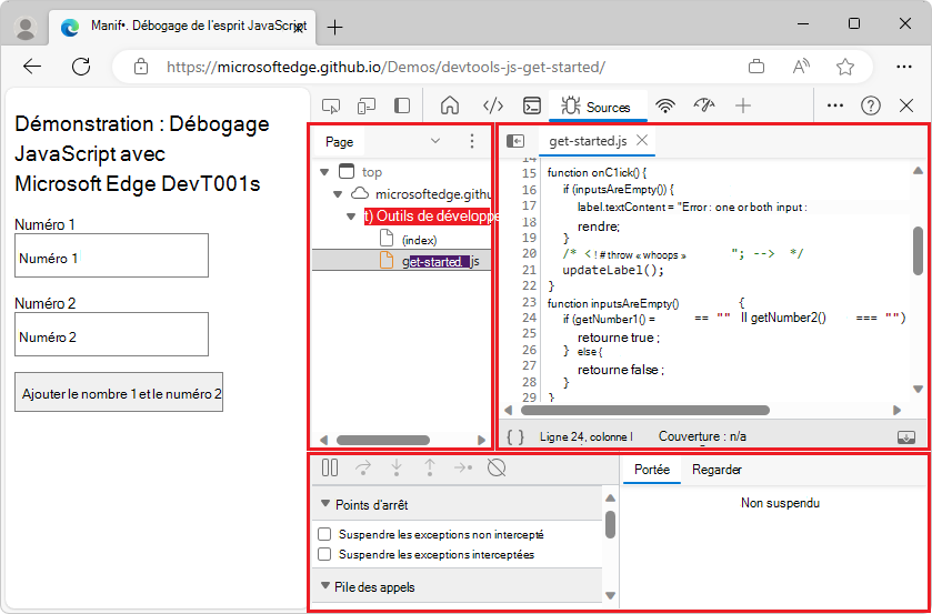 Les 3 parties de l’interface utilisateur de l’outil Sources