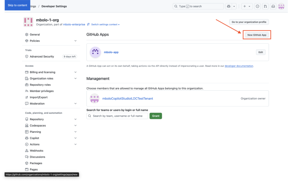 Capture d’écran de GitHub avec New application GitHub mis en évidence.