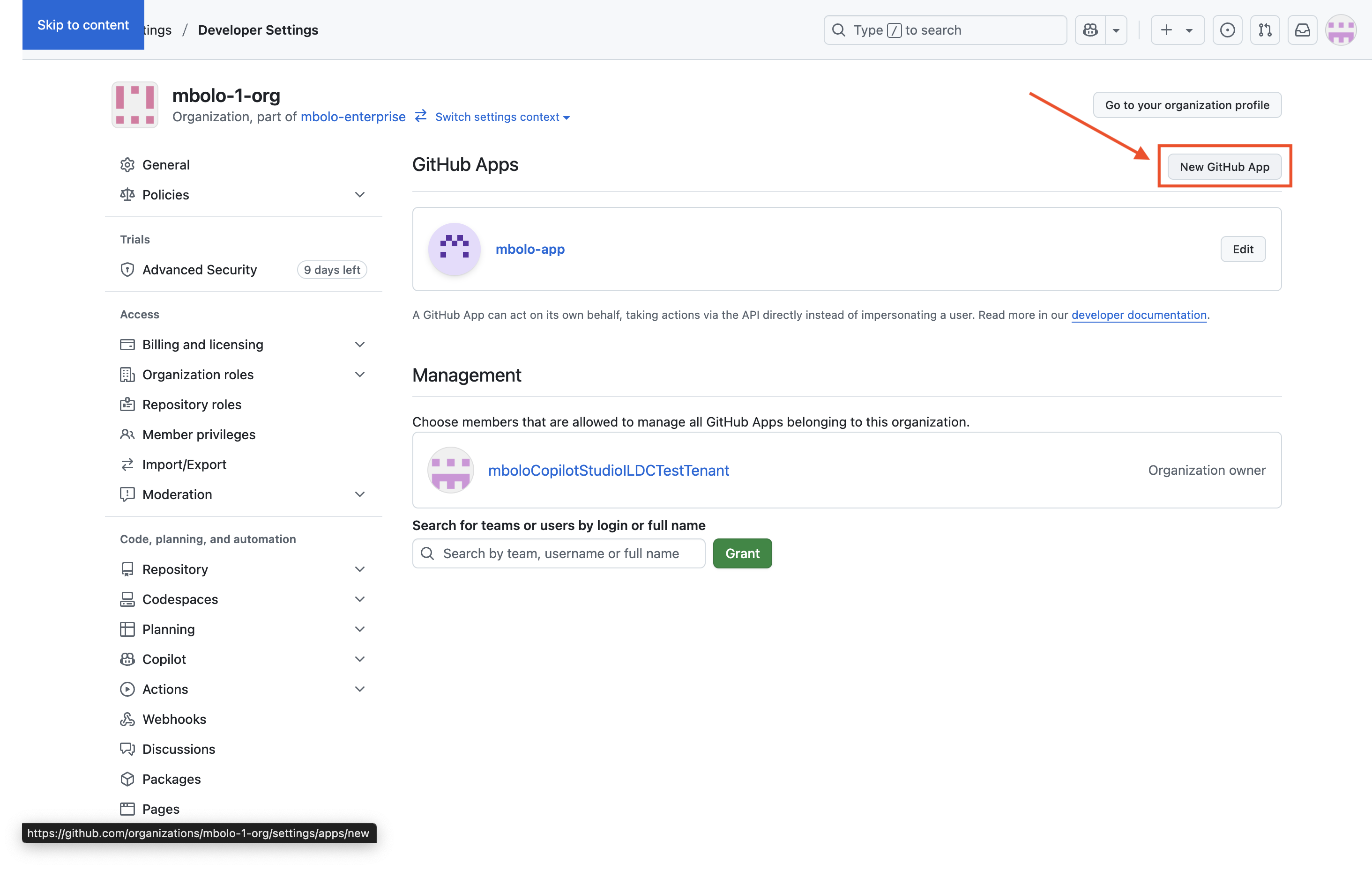 Capture d’écran de la page GitHub Apps avec le bouton Nouveau application GitHub.