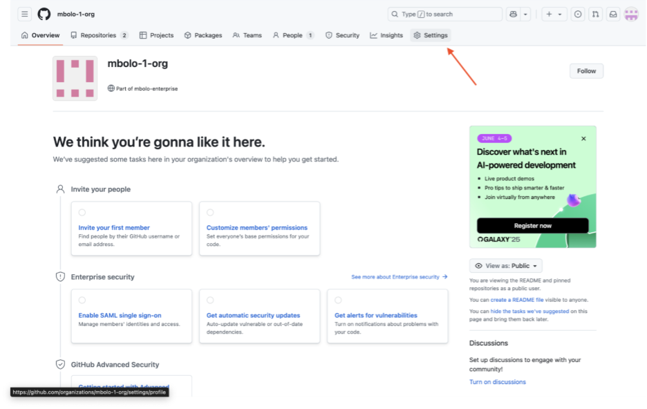 Capture d’écran de GitHub avec les paramètres mis en évidence.