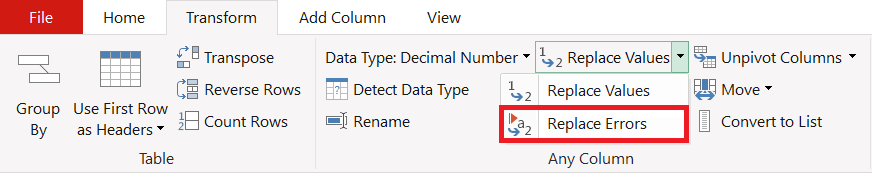 Capture d’écran du bouton Remplacer les erreurs sous l’onglet Transformation.