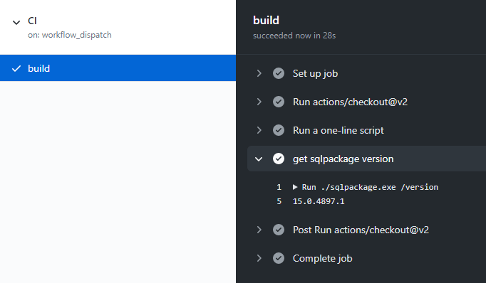 Sortie d’une action GitHub indiquant le numéro de build 15.0.4897.1