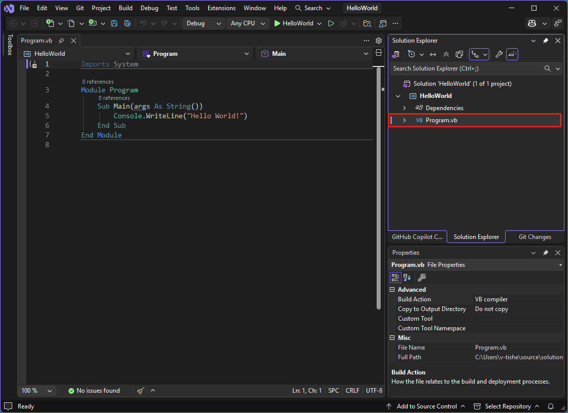 Screenshot qui affiche le IDE Visual Studio avec le code Program.vb dans l’éditeur.