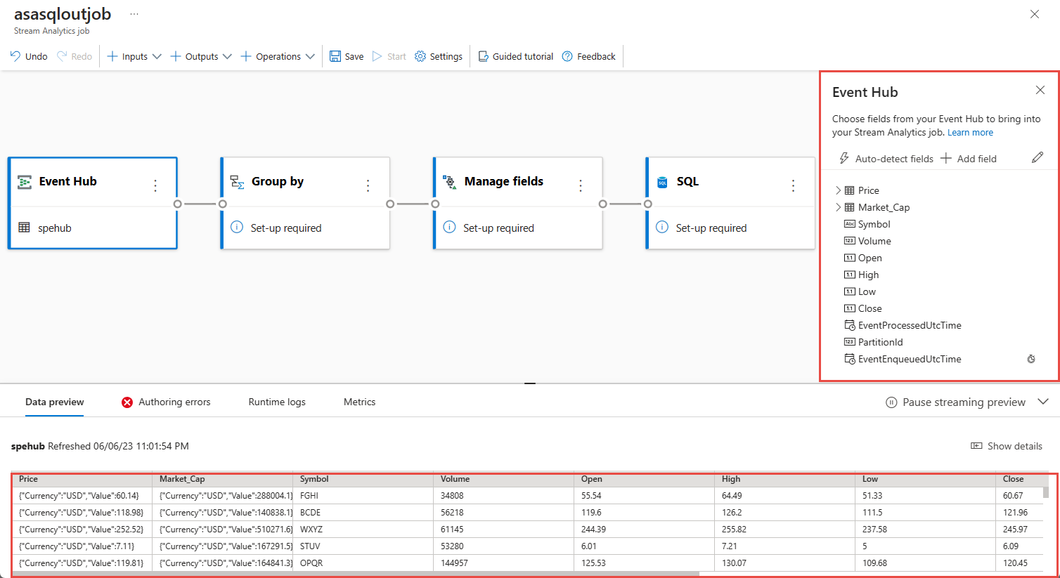 Screenshot che mostra i dati di esempio in Anteprima dati.