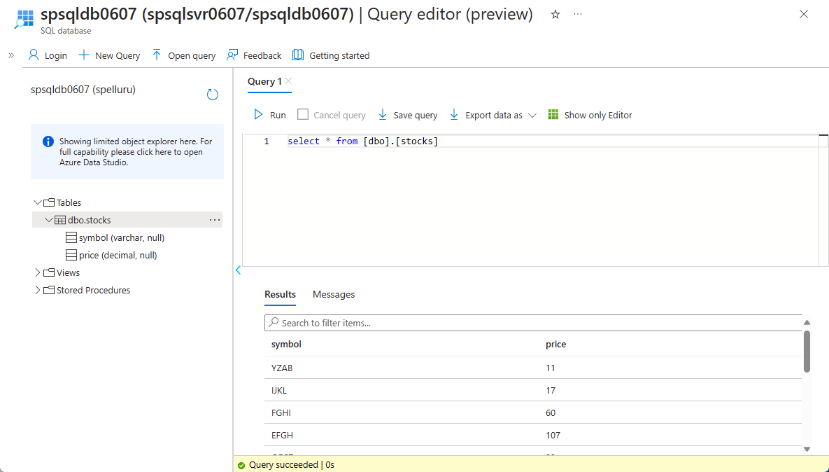 Screenshot che mostra il contenuto della tabella delle scorte nel database.