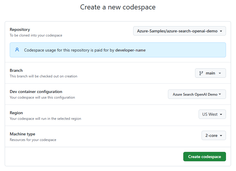 Screenshot della schermata di conferma per creare un nuovo spazio di codice GitHub per l'esempio.