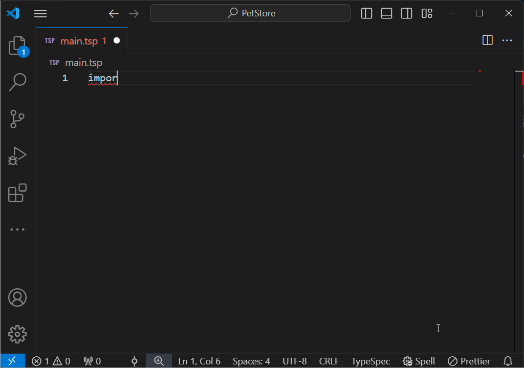 Animazione di uno screenshot dell'estensione di Visual Studio Code per TypeSpec che fornisce l'autocompletamento e l'evidenziazione della sintassi.