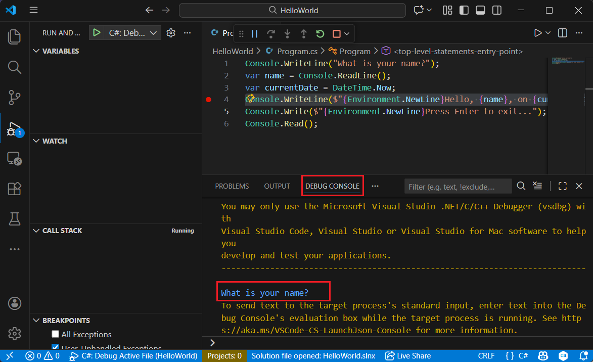 Selezionare la scheda Console di debug