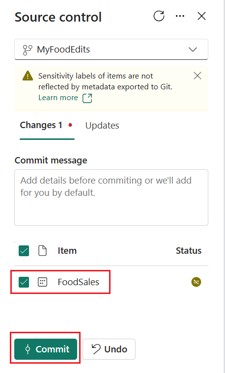 Screenshot dell'interfaccia utente per il commit delle modifiche.