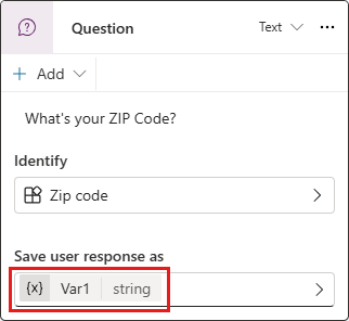 Screenshot di un nodo Domanda con il nome predefinito e il tipo della variabile evidenziati.