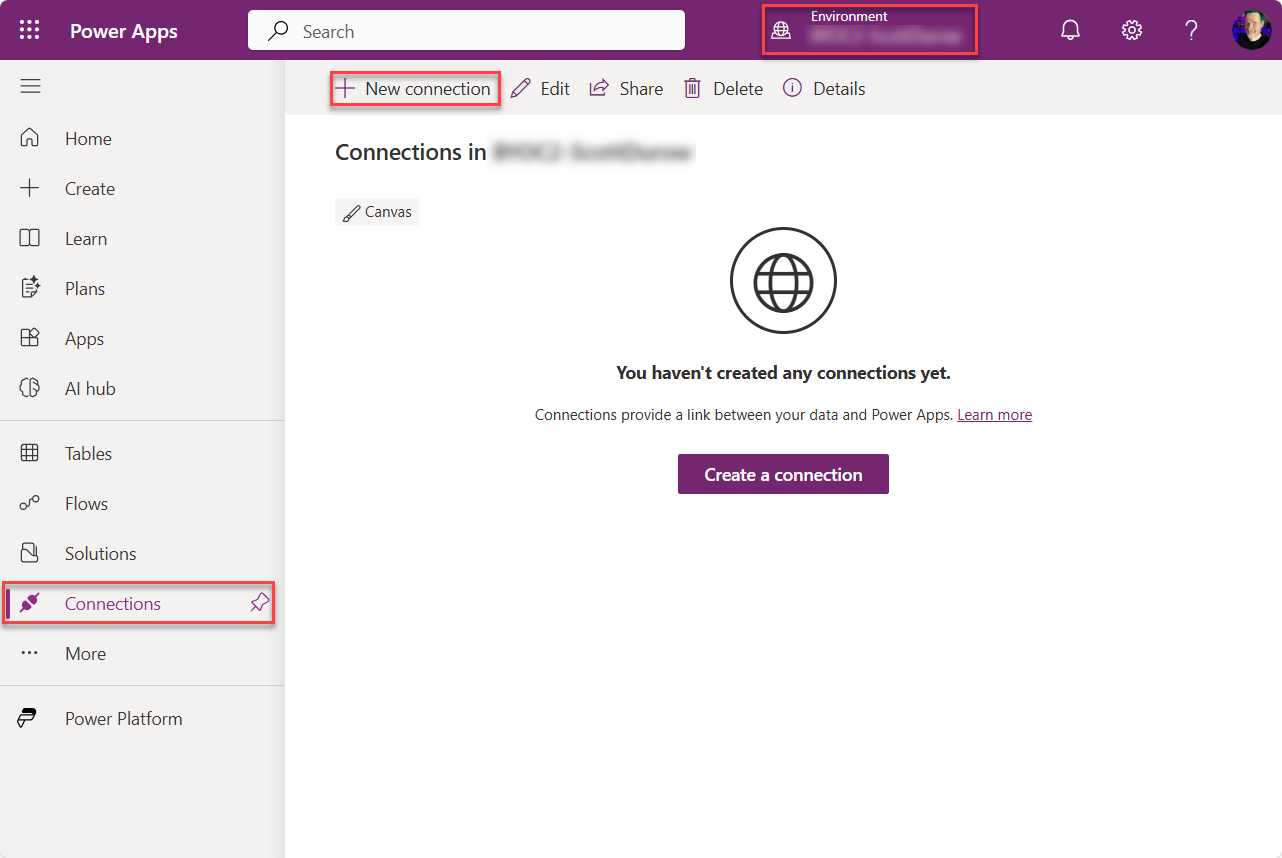+ New Connection in Power Apps