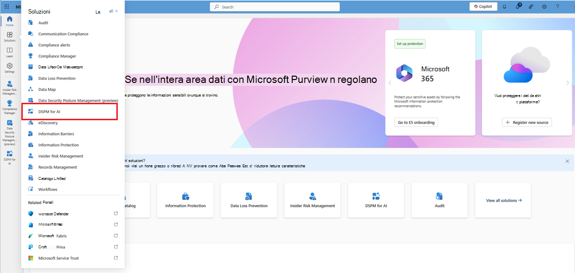 Selezione della soluzione Gestione della postura di sicurezza dei dati di Microsoft Purview per l'intelligenza artificiale dal portale di Microsoft Purview.