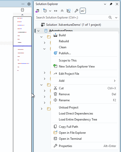 Screenshot di Esplora soluzioni in SQL Server Management Studio con l'opzione Compila disponibile.