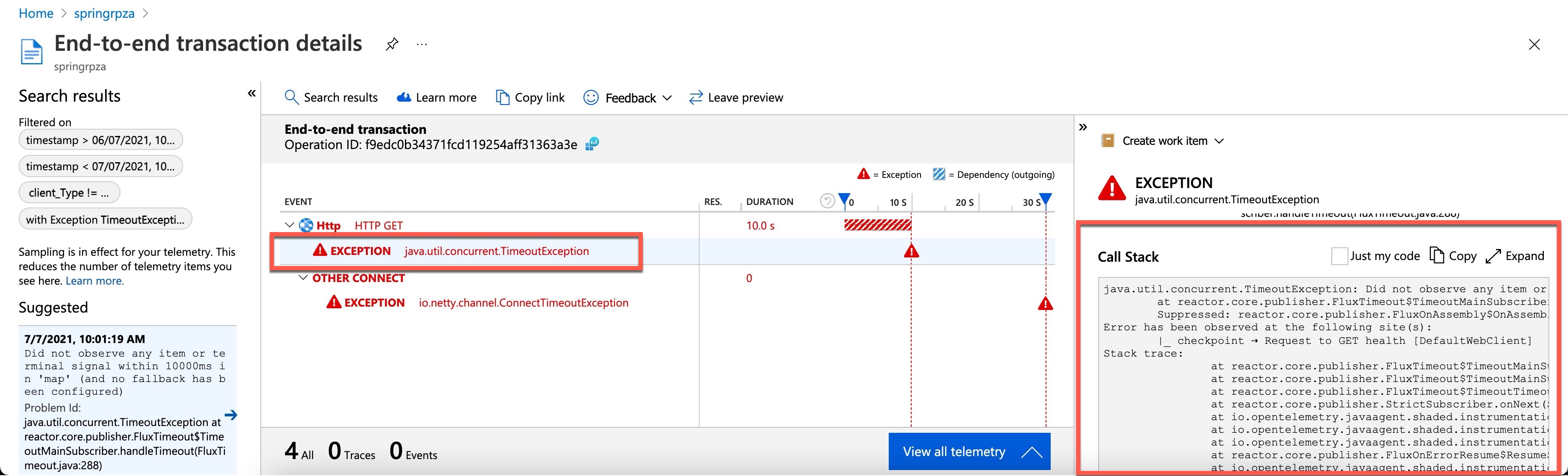 Screenshot che mostra la schermata della traccia dello stack dell'eccezione.