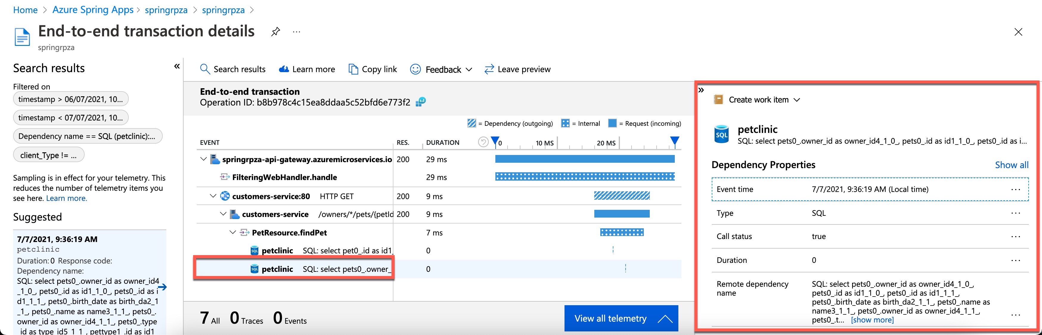 Screenshot che mostra i dettagli delle transazioni SQL.