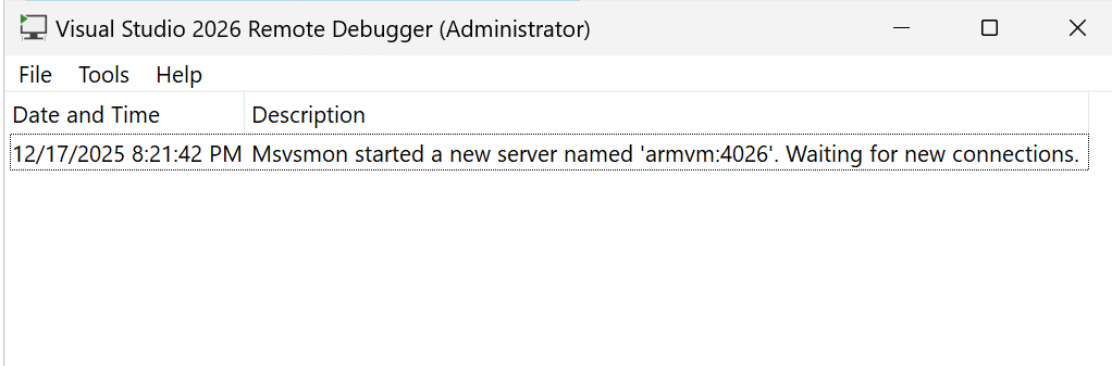 Screenshot della finestra del debugger remoto per Visual Studio.