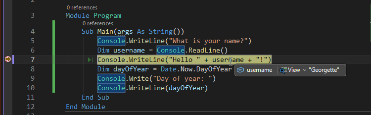 Screenshot che mostra un valore di variabile durante il debug in Visual Studio.