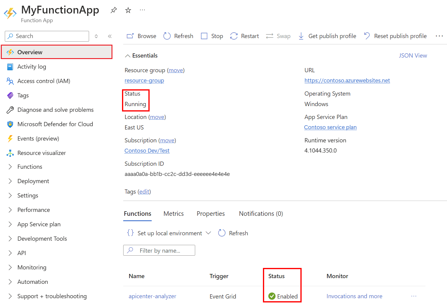 実行中の状態と有効な関数を示す Azure portal の関数アプリのスクリーンショット。