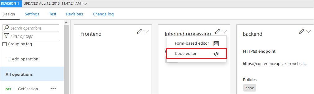 [デザイン] タブで API コード エディターが強調表示されているスクリーンショット。