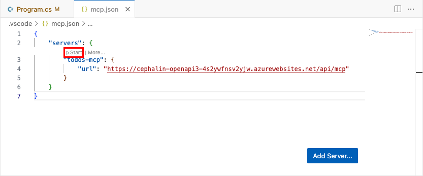 ローカル mcp.json ファイルから MCP サーバーを手動で起動する方法を示すスクリーンショット。