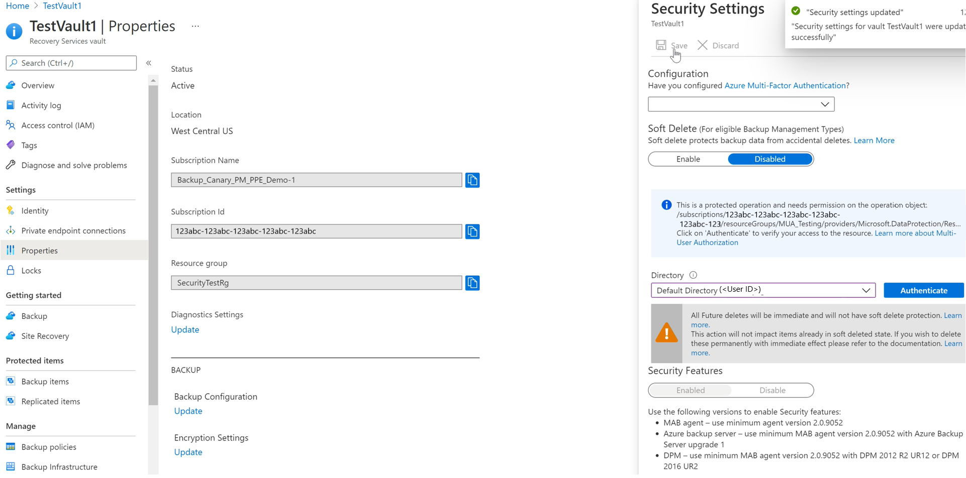 MUA 対応コンテナーの論理的な削除の無効化を示すスクリーンショット。