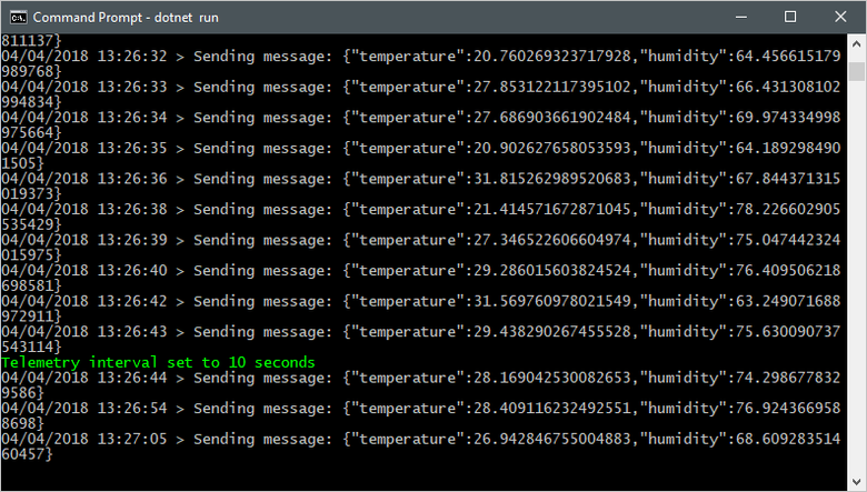 ダイレクト メッセージの結果と、シミュレートされたデバイス アプリケーションからの更新された出力を示すターミナル ウィンドウのスクリーンショット。