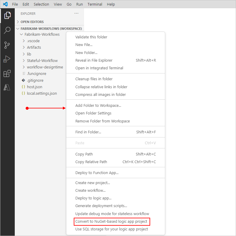 プロジェクトの下の空白領域から開いたプロジェクト ショートカット メニューが表示された [エクスプローラー] ペインを示すスクリーンショット。