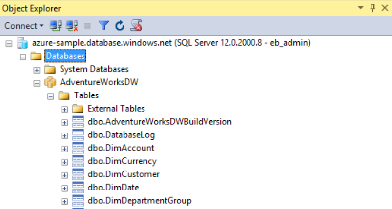 オブジェクト エクスプローラー ウィンドウを示すスクリーンショット。