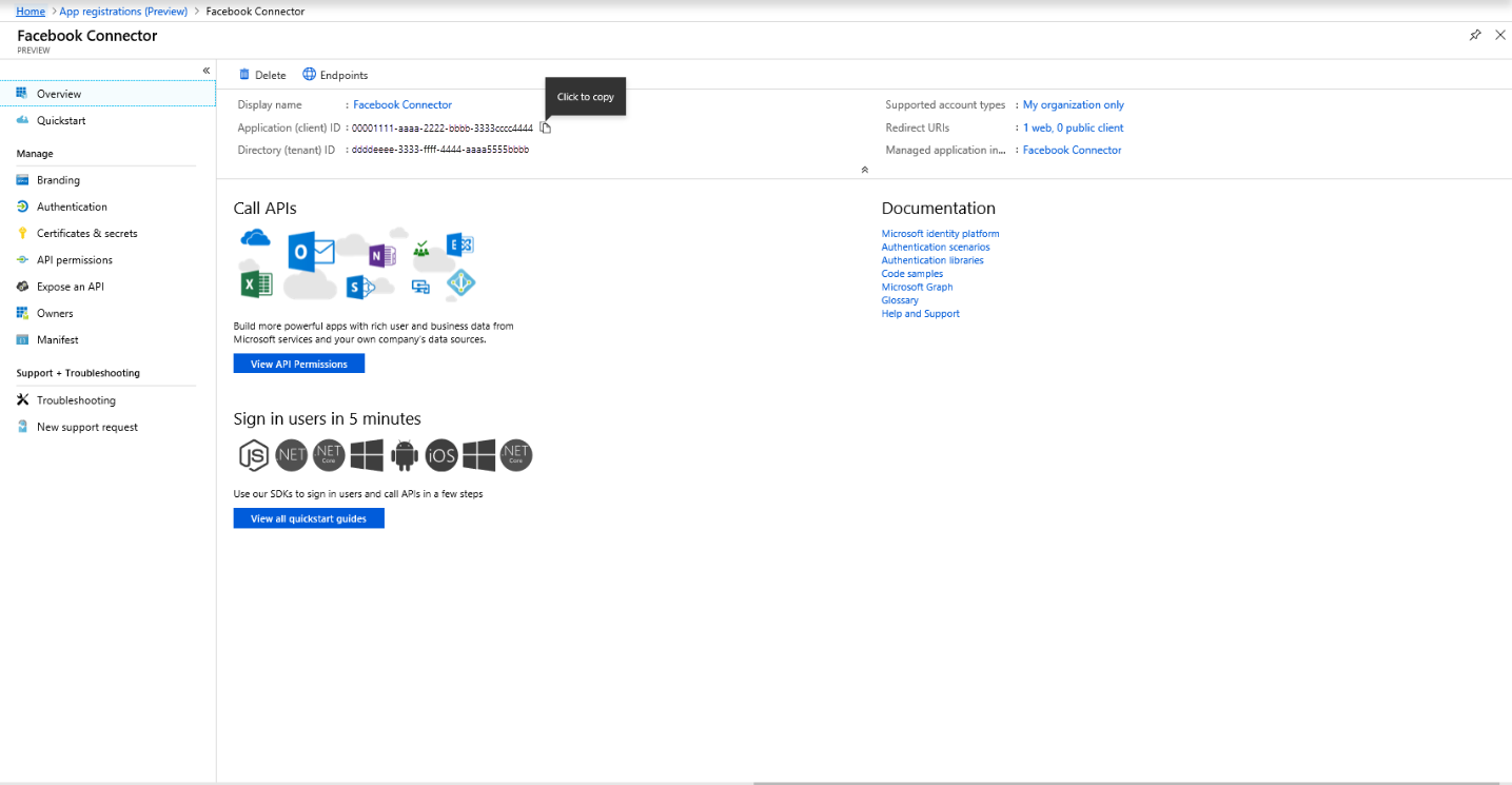 アプリケーション ID とディレクトリ ID をコピーして保存します。