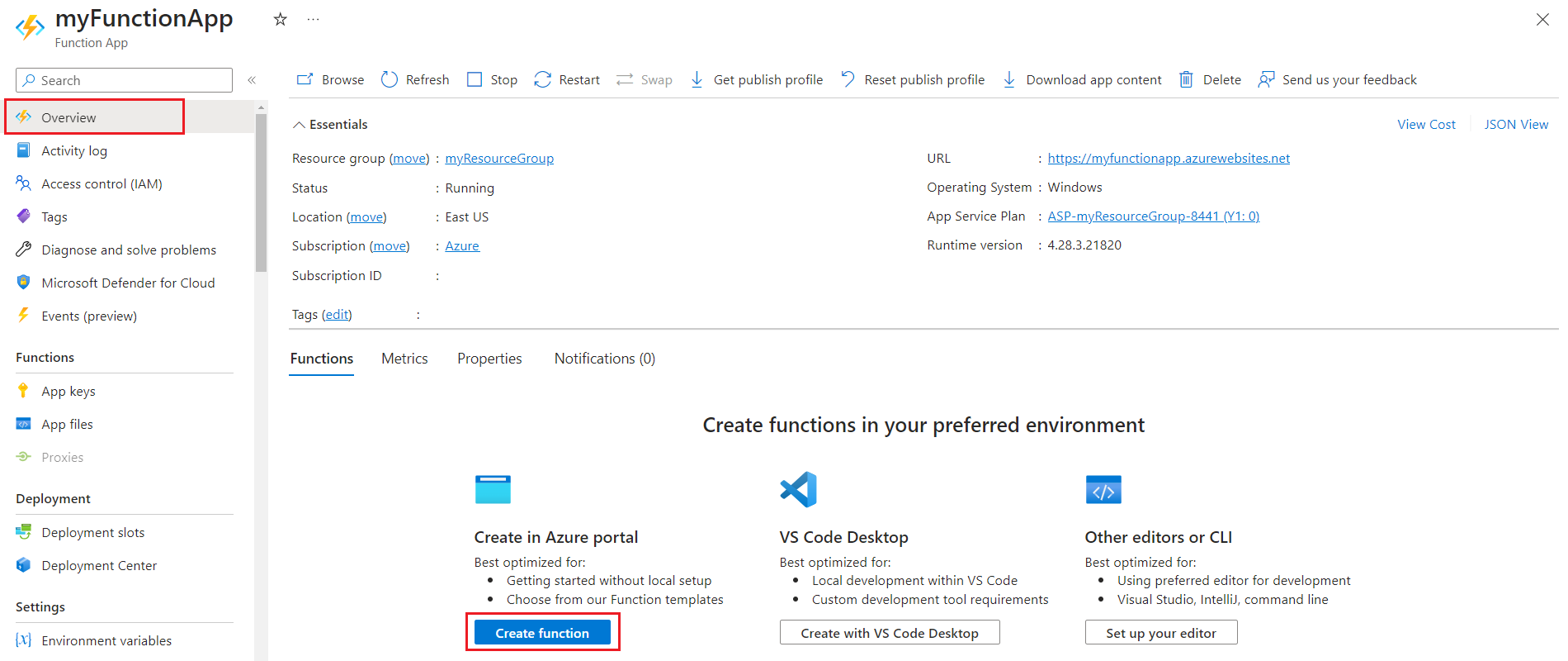 Azure portal で関数を追加しているスクリーンショット。