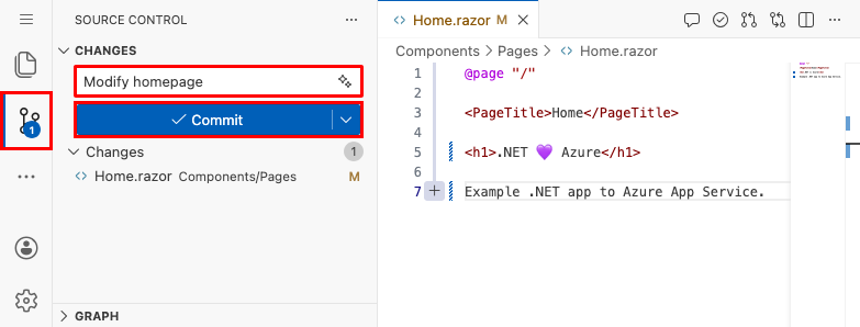 ブラウザーでの Visual Studio Code のスクリーンショット。[ソース管理] パネルの 