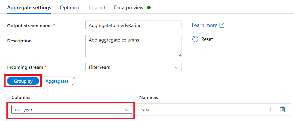 [Aggregate Settings]\(集計の設定\) の下にある [グループ化] タブの年オプションを示すスクリーンショット。