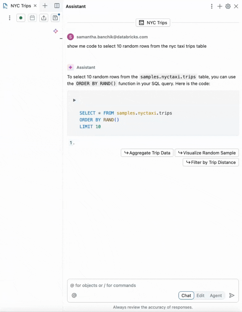 アシスタント ウィンドウで SQL コードを実行します。