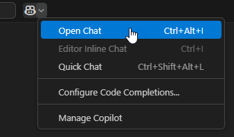 [チャットの切り替え] メニューが開き、[チャットを開く] メニュー オプションを選択していることを示すスクリーンショット。