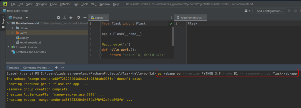 PyCharm IDE のスクリーンショットで、Azure CLI コマンドを使ってウェブアプリをデプロイする様子を示しています。