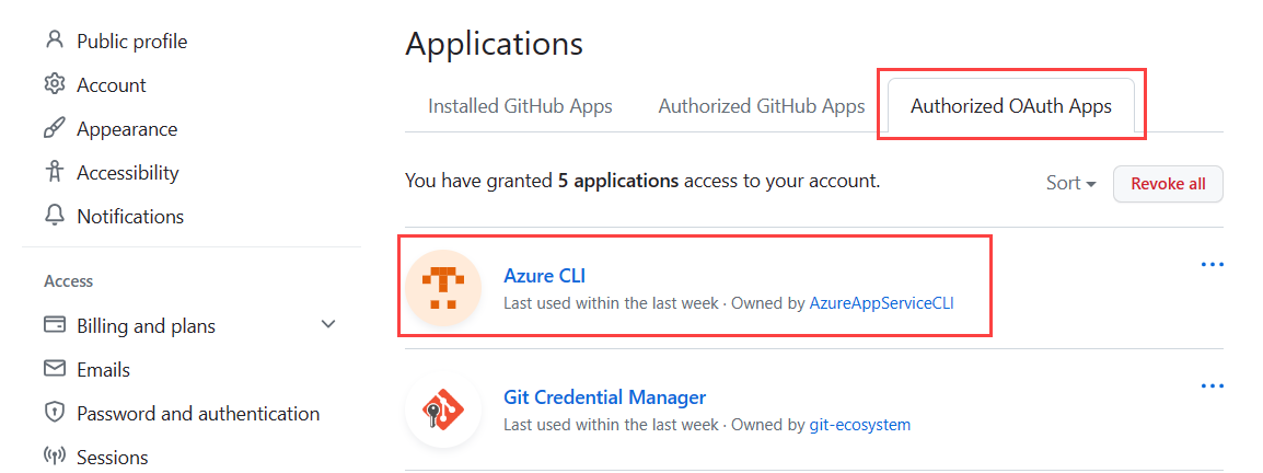 GitHub アカウントの承認された OAuth アプリを表示する方法を示すスクリーンショット。