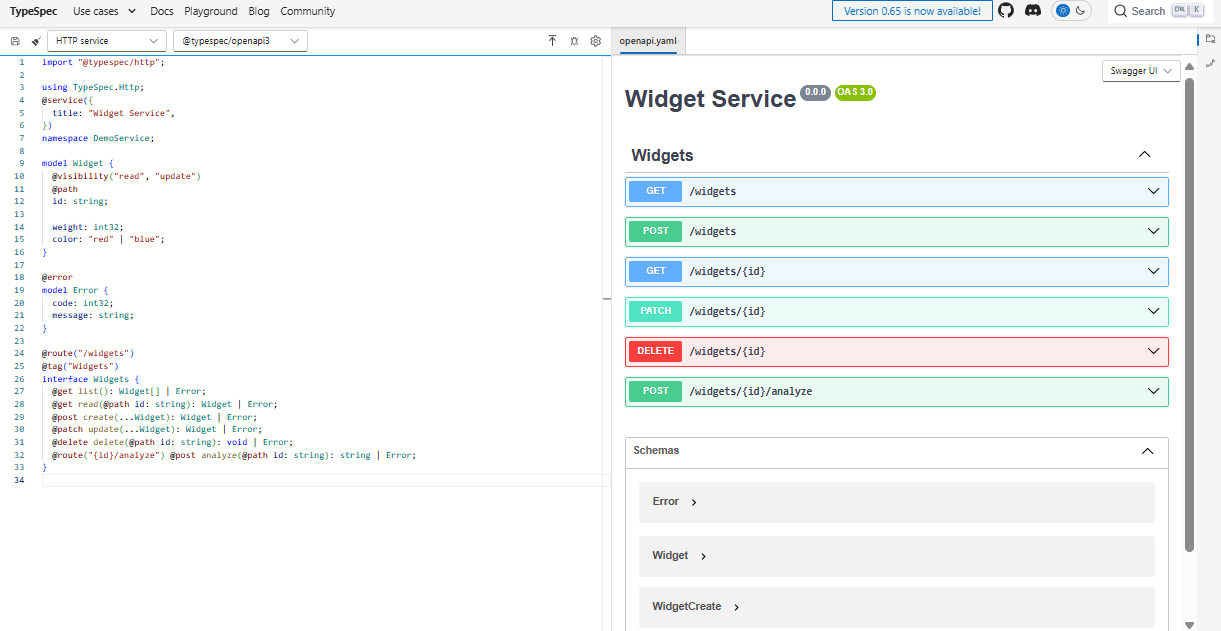 Swagger UI に出力されるサンプル HTTP サービスを含む TypeSpec プレイグラウンドのスクリーンショット。