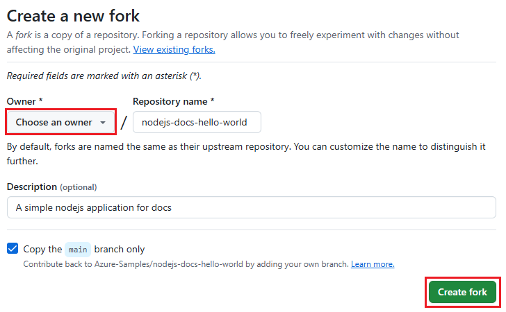 GitHub でのフォークの作成のスクリーンショット。