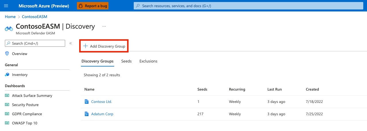 [ディスコ グループの追加] が強調表示された [ディスカバリー] 画面のスクリーンショット